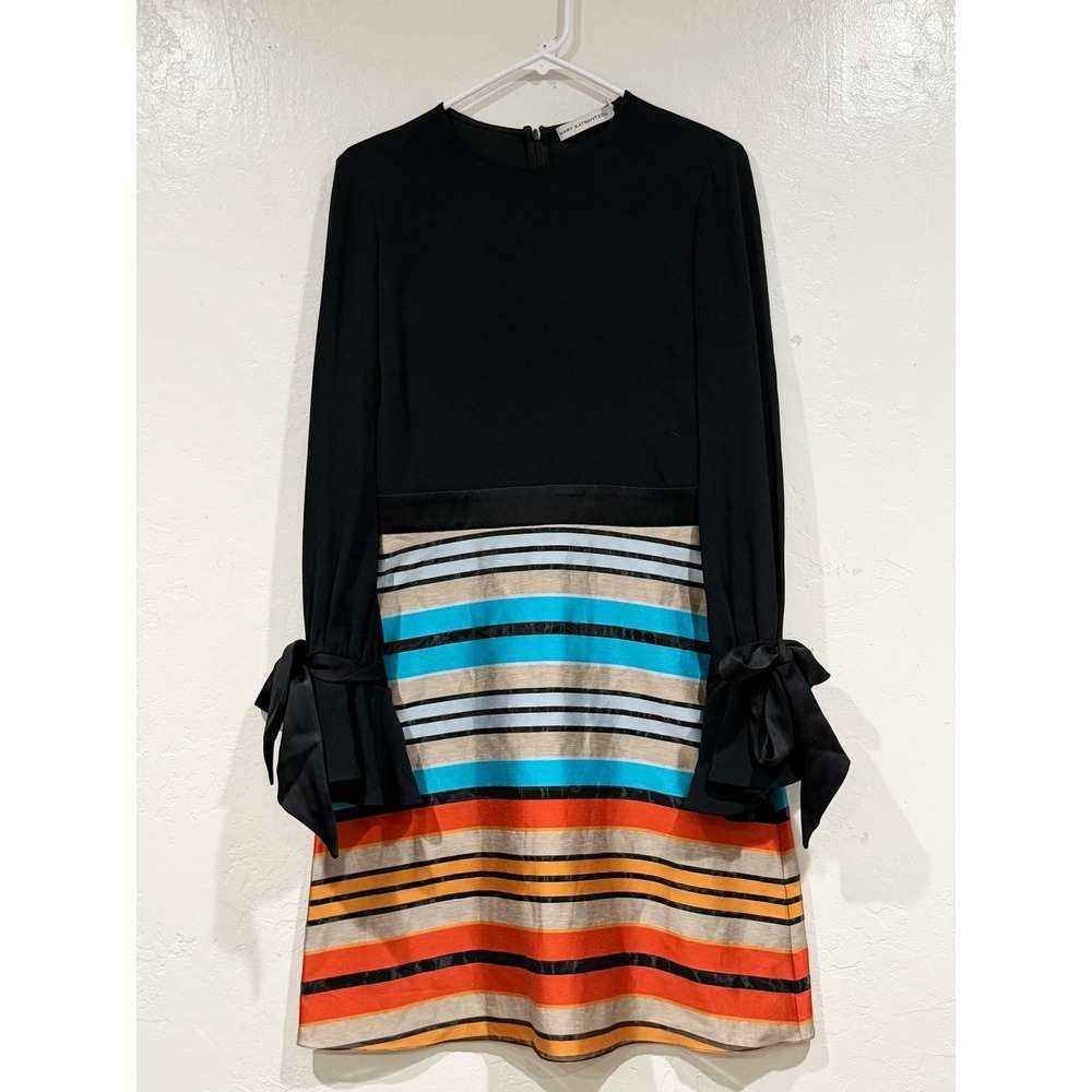 Mary Katrantzou Black Multi Stripe Bow Cuff Silk Lined Mini Dress Size 4 UK 8